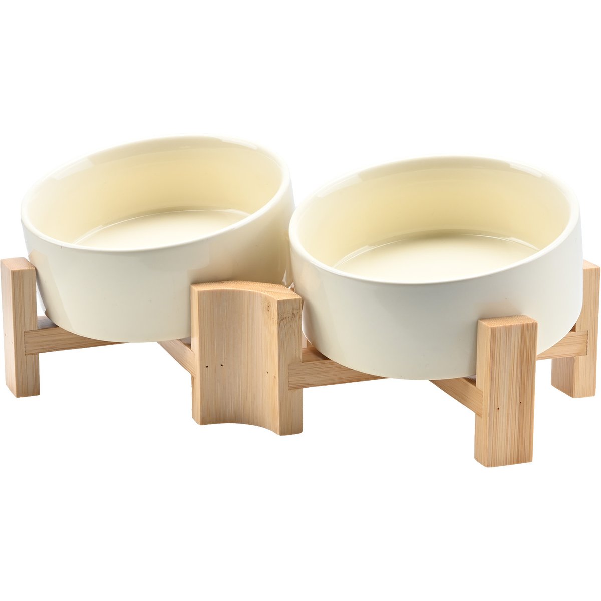 SpunkyJunky Slanted Ceramic & Wood Non-Slip Dog Bowl, 2 count, Beige, 1.7 cup