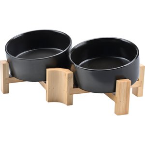SpunkyJunky Slanted Ceramic & Wood Non-Slip Dog Bowl, 2 count, Black, 1.7 cup