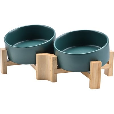 SpunkyJunky SpunkyJunky Slanted Ceramic & Wood Non-Slip Dog Bowl, 2 count, Green, 1.7 cup