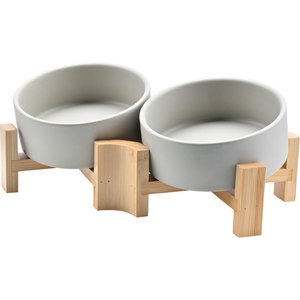 SpunkyJunky Slanted Ceramic & Wood Non-Slip Dog Bowl, 2 count, Grey, 1.7 cup