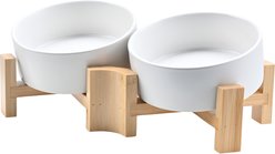 SpunkyJunky Slanted Ceramic & Wood Non-Slip Dog Bowl, 2 count, White, 1.7 cup