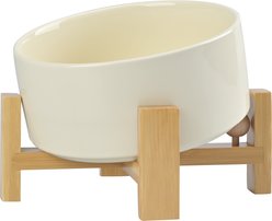 SpunkyJunky Slanted Ceramic & Wood Non-Slip Dog Bowl, 1 count, 3.6 cup, Beige