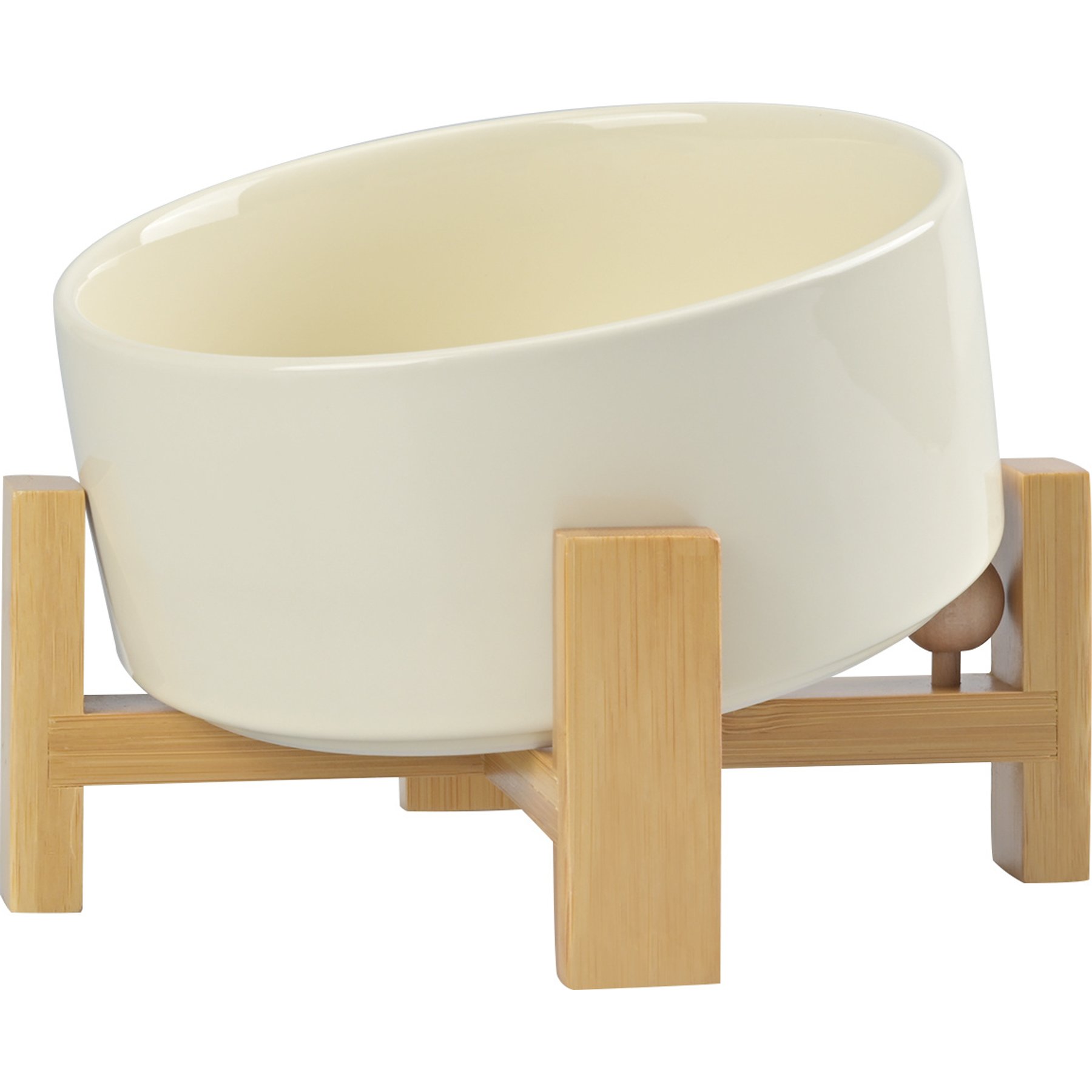 SpunkyJunky Slanted Ceramic & Wood Non-Slip Dog Bowl, 1 count, 3.6 cup, Beige