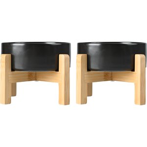 SpunkyJunky Ceramic & Wood Non-Slip Elevated Dog Bowls, 2 count, Black, 7.6 cup