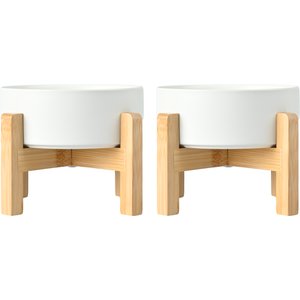 SpunkyJunky Ceramic & Wood Non-Slip Elevated Dog Bowls, 2 count, White, 3.6 cup