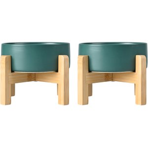 SpunkyJunky Ceramic & Wood Non-Slip Elevated Dog Bowls, 2 count, Green, 1.7 cup