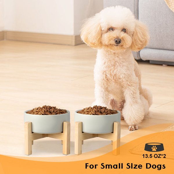 SpunkyJunky Ceramic & Wood Non-Slip Elevated Dog Bowls, 2 count