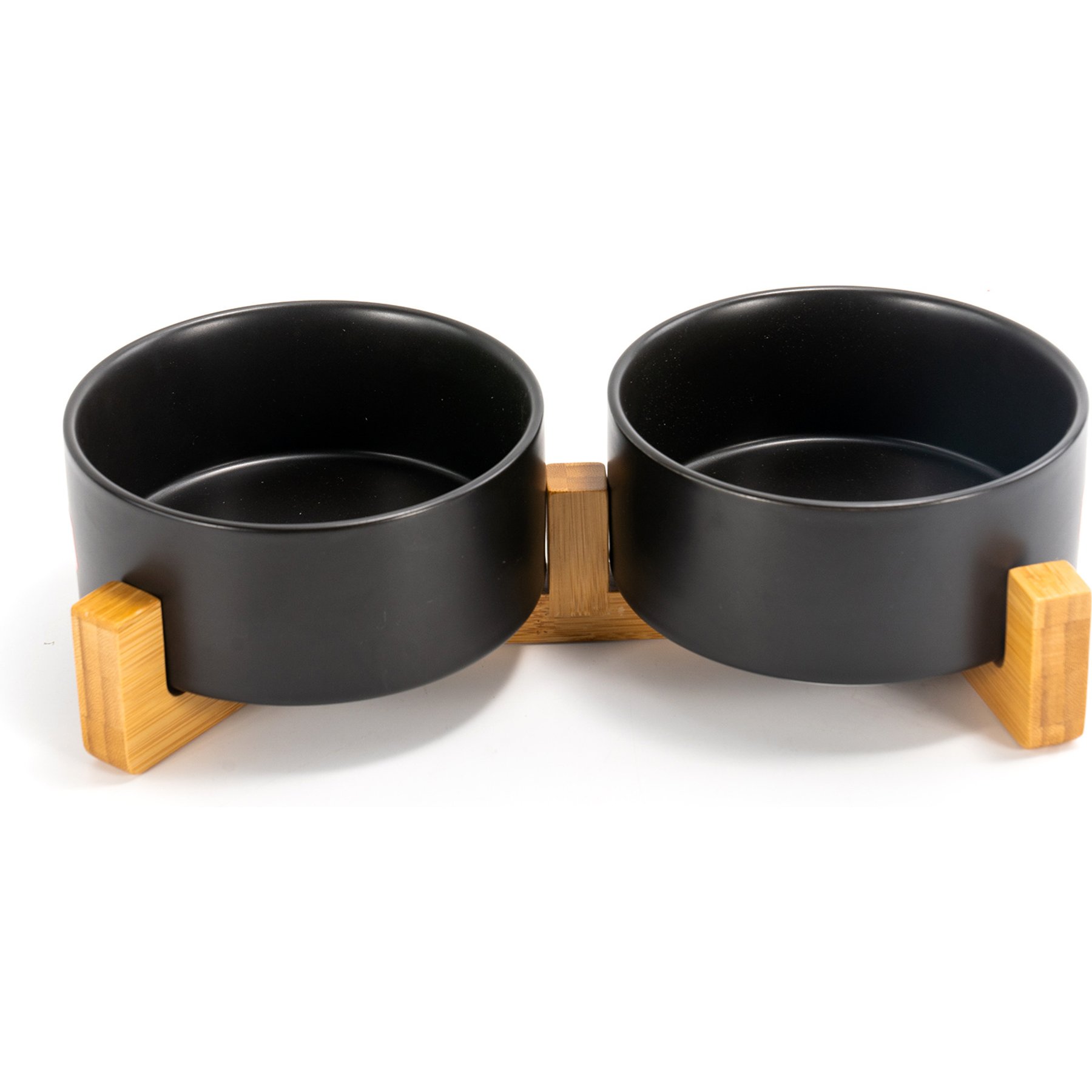 SpunkyJunky Ceramic & Wood Non-Slip Weighted Dog & Cat Bowls, 2 count, Black, 3.6 cup