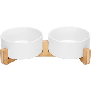 SpunkyJunky Ceramic & Wood Non-Slip Weighted Dog & Cat Bowls, 2 count, White, 3.6 cup