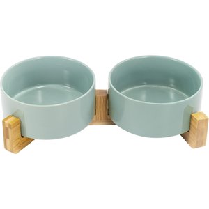 SpunkyJunky Ceramic & Wood Non-Slip Weighted Dog & Cat Bowls, 2 count, Light Green, 3.6 cup