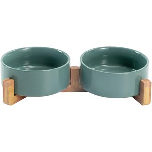SpunkyJunky Ceramic & Wood Non-Slip Weighted Dog & Cat Bowls, 2 count, Dark Green, 1.7 cup