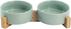 SpunkyJunky Ceramic & Wood Non-Slip Weighted Dog & Cat Bowls, 2 count, Light Green, 1.7 cup