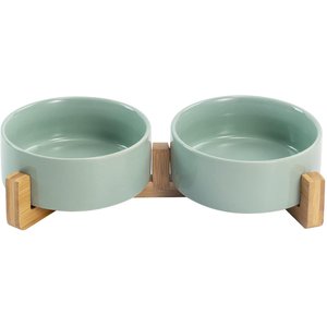 SpunkyJunky Ceramic & Wood Non-Slip Weighted Dog & Cat Bowls, 2 count, Light Green, 1.7 cup