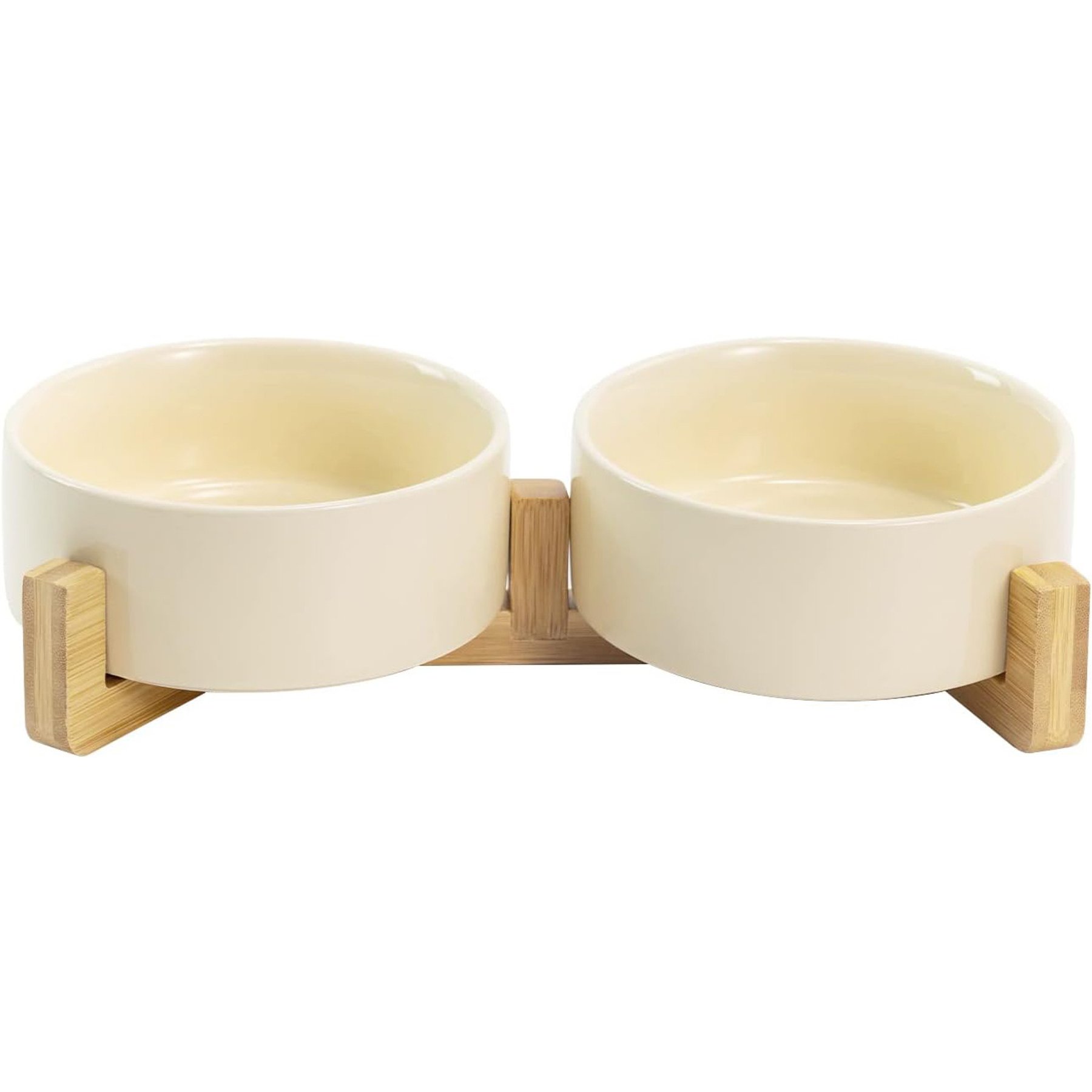 SpunkyJunky Ceramic & Wood Non-Slip Weighted Dog & Cat Bowls, 2 count, Beige, 1.7 cup