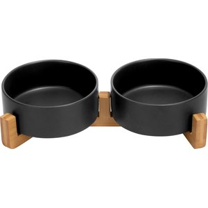 SpunkyJunky Ceramic & Wood Non-Slip Weighted Dog & Cat Bowls, 2 count, Black, 1.7 cup