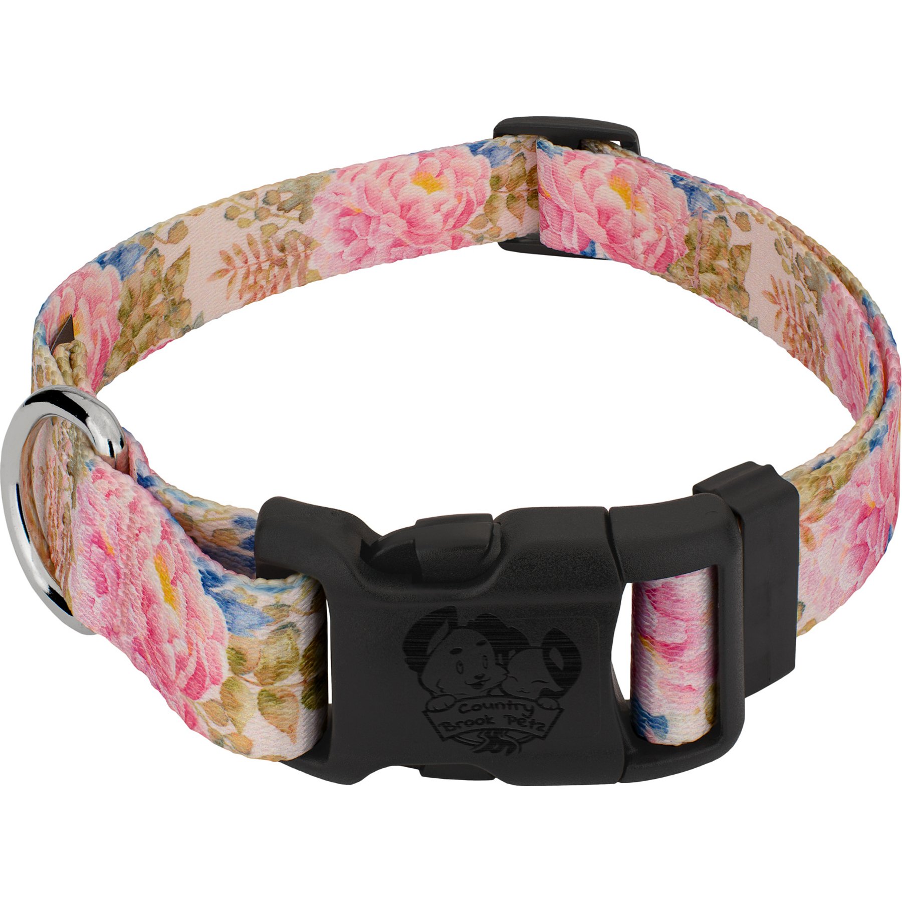 Country Brook Design Deluxe Watercolor Peonies Dog Collar, Medium