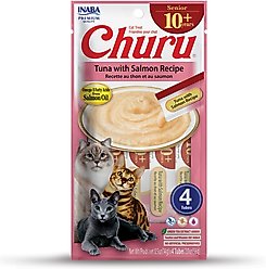 Inaba Churu for Senior 10+ Tuna with Salmon Recipe Lickable Cat Treats, 0.5-oz tube, 4 count