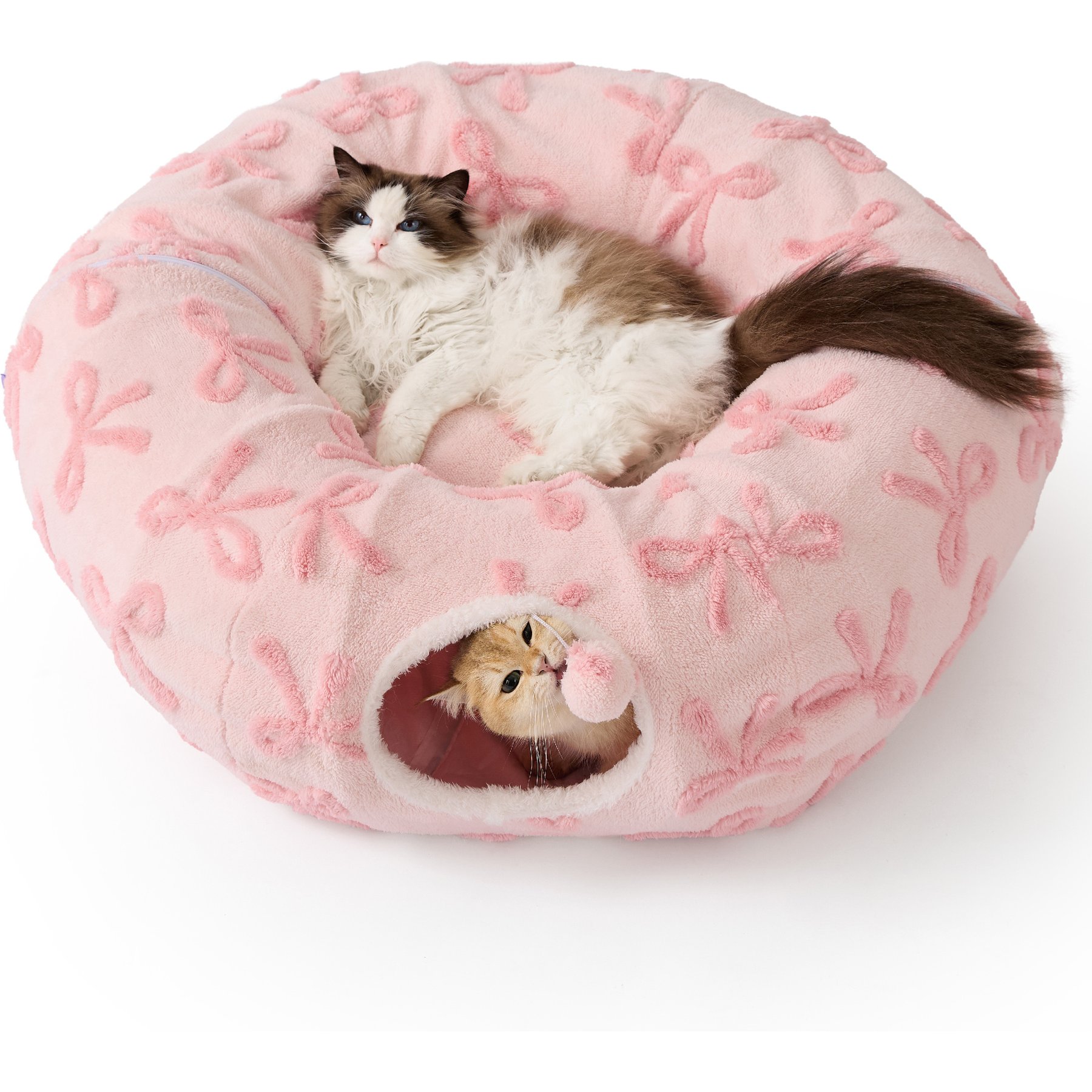 Lesure 2-in-1 Calming Round Cute Dog & Cat Tunnel Bed Cat Toy, Pink Bows, Standard