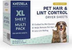 Katziela Fresh Scent Pet Hair Dryer Sheets, 180 count