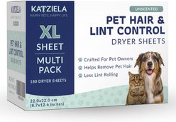 Katziela Unscented Pet Hair Dryer Sheets, 180 count
