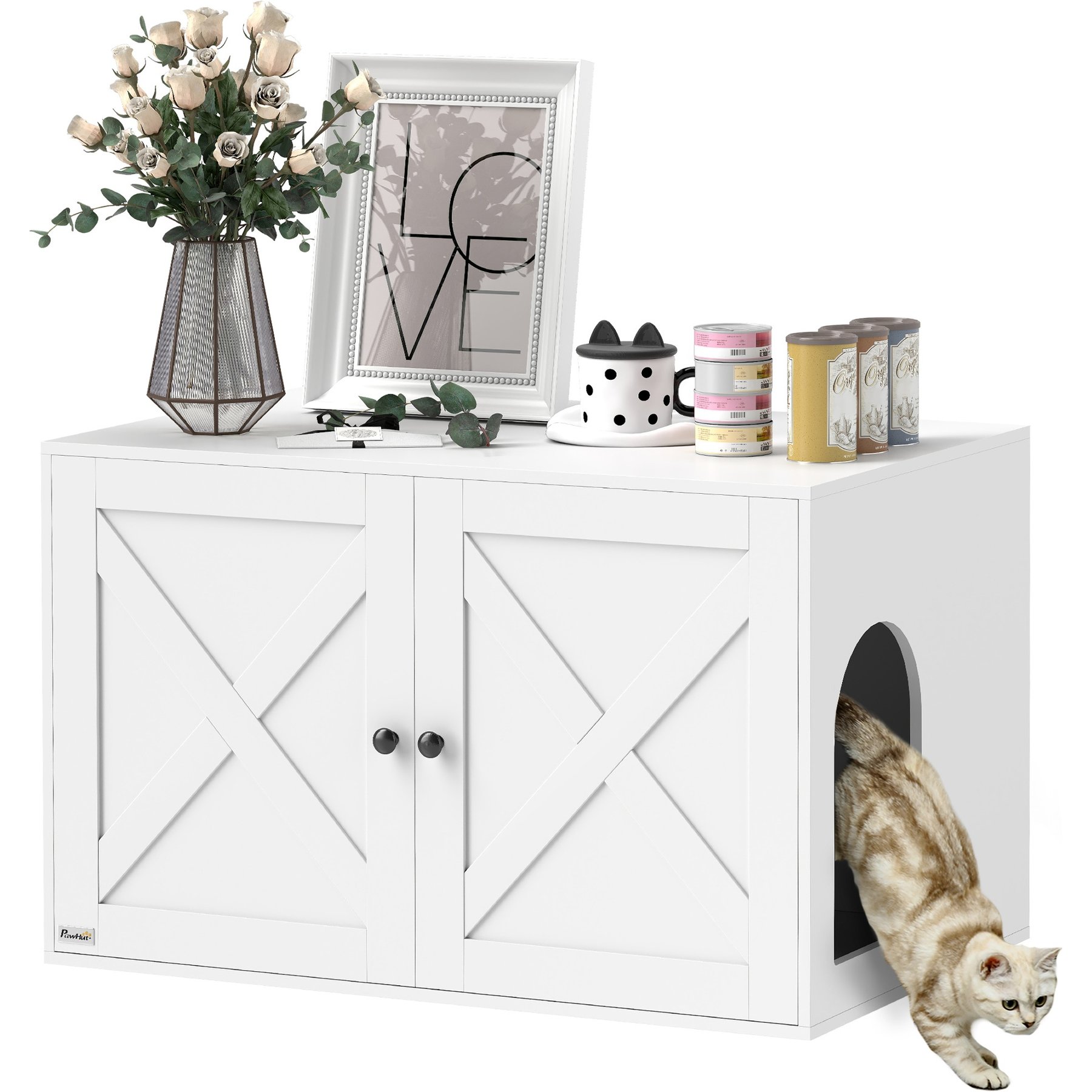 PawHut Barn Door Furniture Style Cat Litter Box Enclosure