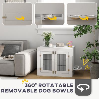 Show full view: PawHut Furniture Style Dog Crate with Dog Bowls, White, 31 inch slide 4 of 9