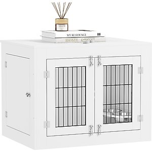 PawHut Furniture Style Dog Crate with Dog Bowls, White, 31 inch