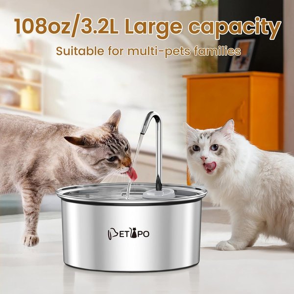 Petlipo Cordless Stainless Steel Cat Water Fountain, 3.2-l