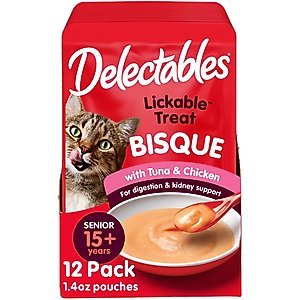 Hartz Delectables Bisque Senior 15+ Tuna & Chicken Lickable Cat Treats, 1.4-oz, case of 12