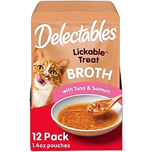 Hartz Delectables Lickable Treat Savory Broths Tuna & Salmon Grain-Free Lickable Cat Treats, 1.4-oz pouch, pack of 12
