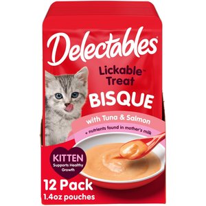 Hartz Delectables Lickable Treat Bisque for Kittens, Complete & Balanced Tuna & Salmon Cat Lickable Treat Treats, 1.4-oz, 12 count