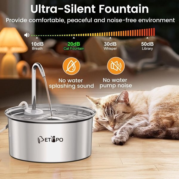 Petlipo Wireless Rechargeable Stainless Steel Cat Water Fountain, Silver, 108-oz