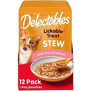 Hartz Delectables Lickable Treat Stew Tuna & Salmon Lickable Cat Treats, 1.4-oz pouch, 12 count