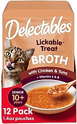 Hartz Delectables Lickable Treat Savory Broths for Senior 10+ Chicken & Tuna Grain-Free Lickable Cat Treats, 1.4-oz pouch, pack of 12