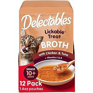 Hartz Delectables Savory Broths Senior 10+ Chicken & Tuna Grain-Free Lickable Cat Treats, 1.4-oz pouch, pack of 12