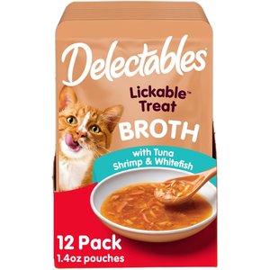 Hartz Delectables Lickable Treat Savory Broths Tuna, Shrimp & Whitefish Lickable Cat Treats, 1.4-oz pouch, pack of 12