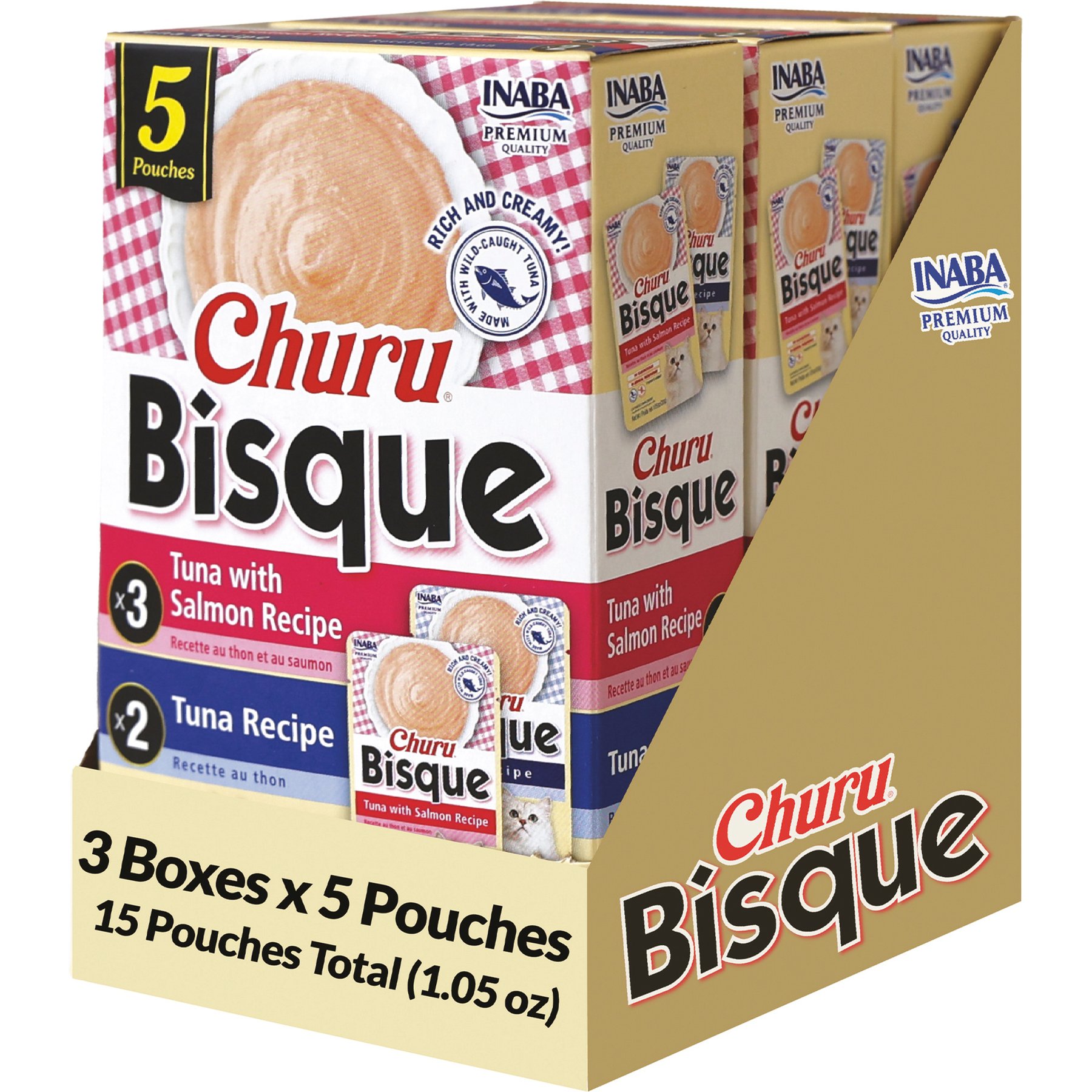 Inaba Churu Bisque for Cats Tuna Variety Pack Lickable Cat Treats, 1.05-oz pouch, 15 count
