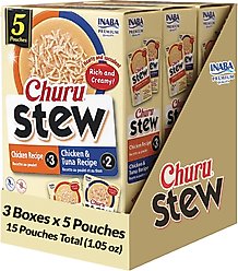 Inaba Churu Stew for Cats Chicken & Tuna Variety Pack Lickable Cat Treats, 1.05-oz pouch, 15 count