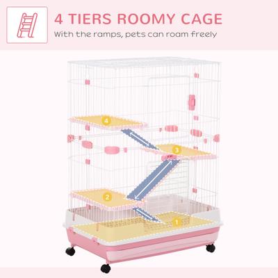 Show full view: PawHut 32-in 4-Level Ferret Cage with Universal Lockable Wheels, Pink slide 4 of 9