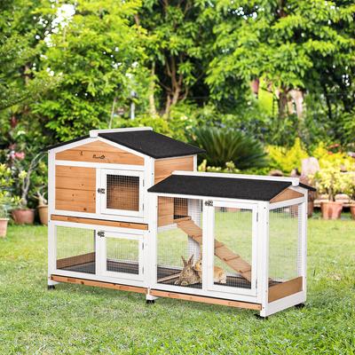 Show full view: PawHut 62-in Wooden Rabbit Hutch with Wheels, Natural Wood slide 2 of 9