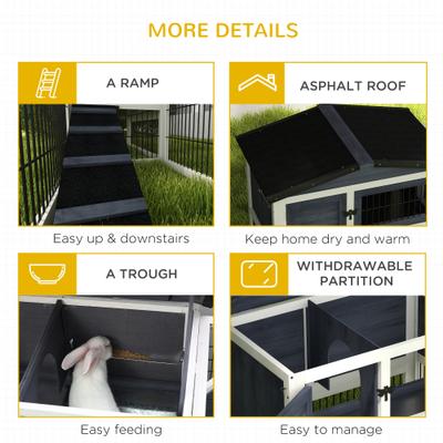 Show full view: PawHut 2-Level Outdoor Wooden Rabbit Hutch, Dark Gray slide 7 of 10