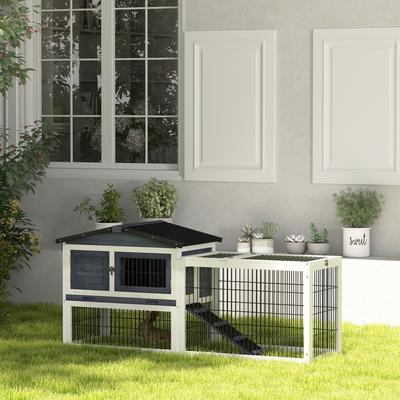 Show full view: PawHut 2-Level Outdoor Wooden Rabbit Hutch, Dark Gray slide 2 of 10