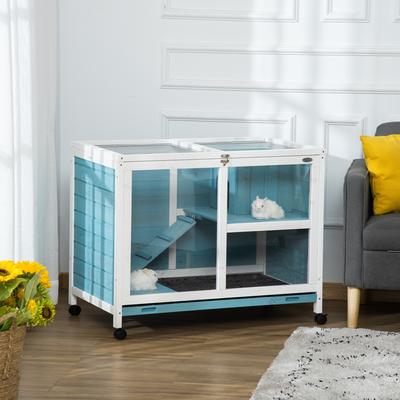 Show full view: PawHut 2 Story Indoor Wooden Rabbit Hutch, Light Blue slide 2 of 10