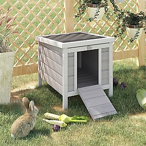 PawHut Wooden Rabbit Hutch with Openable & Waterproof Roof, Grey