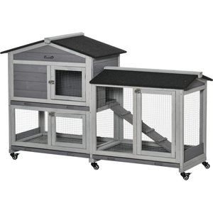 PawHut 62-in Wooden Rabbit Hutch with Wheels, Light Grey