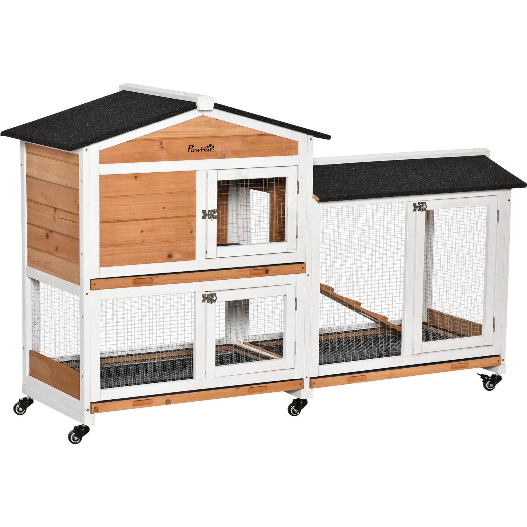 PawHut 62-in Wooden Rabbit Hutch with Wheels, Natural Wood