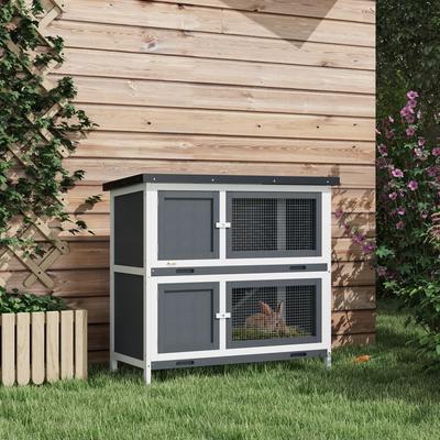Show full view: PawHut Wooden Indoor/Outdoor Rabbit Hutch, Gray slide 2 of 9