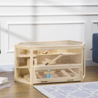 Show full view: PawHut Wooden Activity Center Hamster Cage, Natural Wood slide 2 of 10