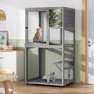 Show full view: Coziwow Catio Wooden Outdoor Cat Enclosure with Wheels, Grey, Medium slide 9 of 9