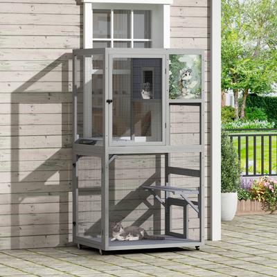 Show full view: Coziwow Catio Wooden Outdoor Cat Enclosure with Wheels, Grey, Medium slide 7 of 9